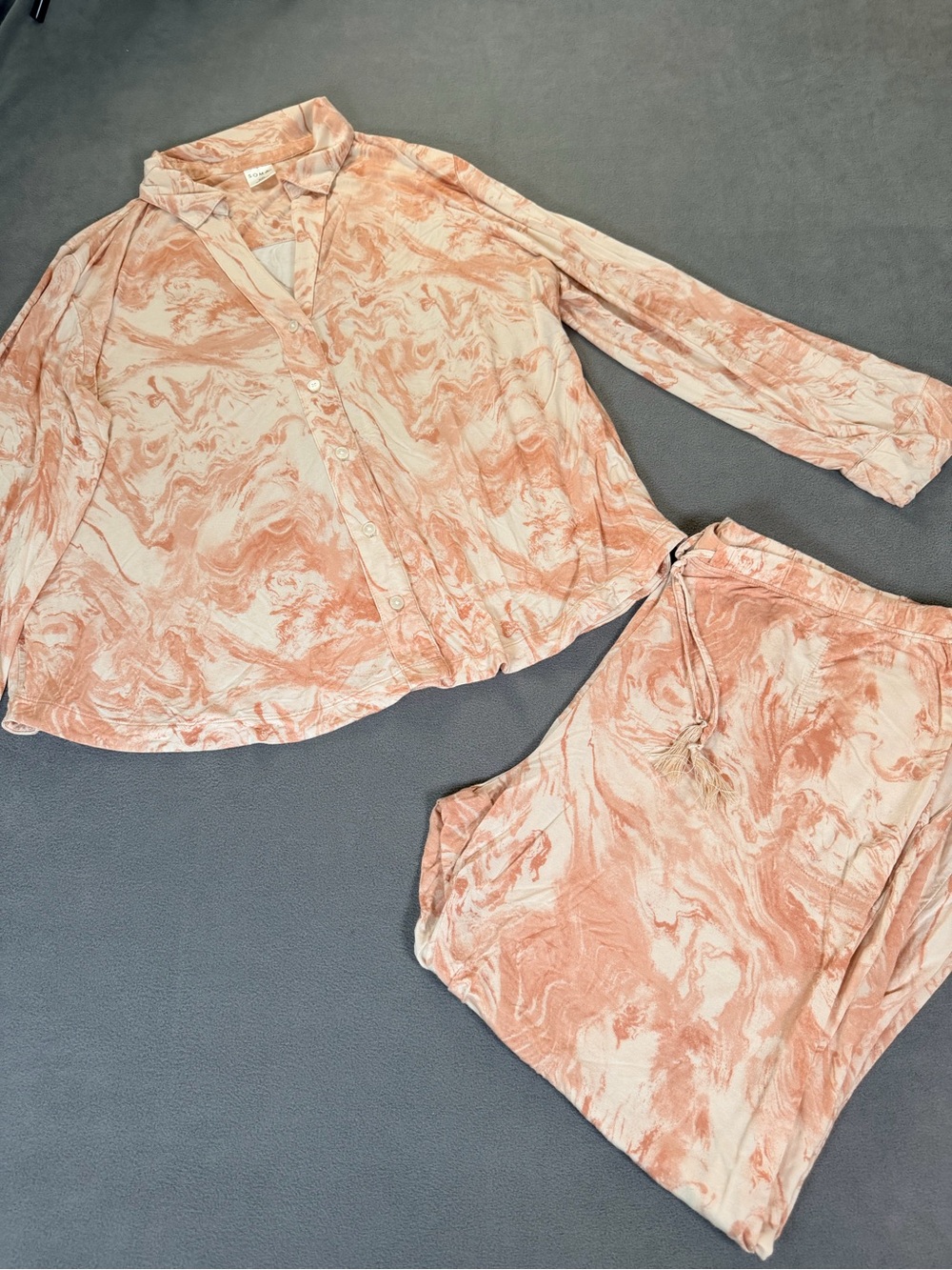 Soma Cool Nights Pajamas Set- Button-Up Top Tassel Pants Marble Peach Cream